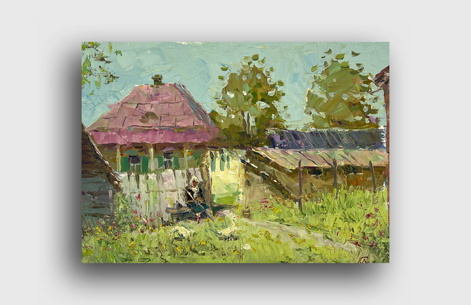 Oil painting Yard Ukrainian painter canvas Unframed original Decor landscape