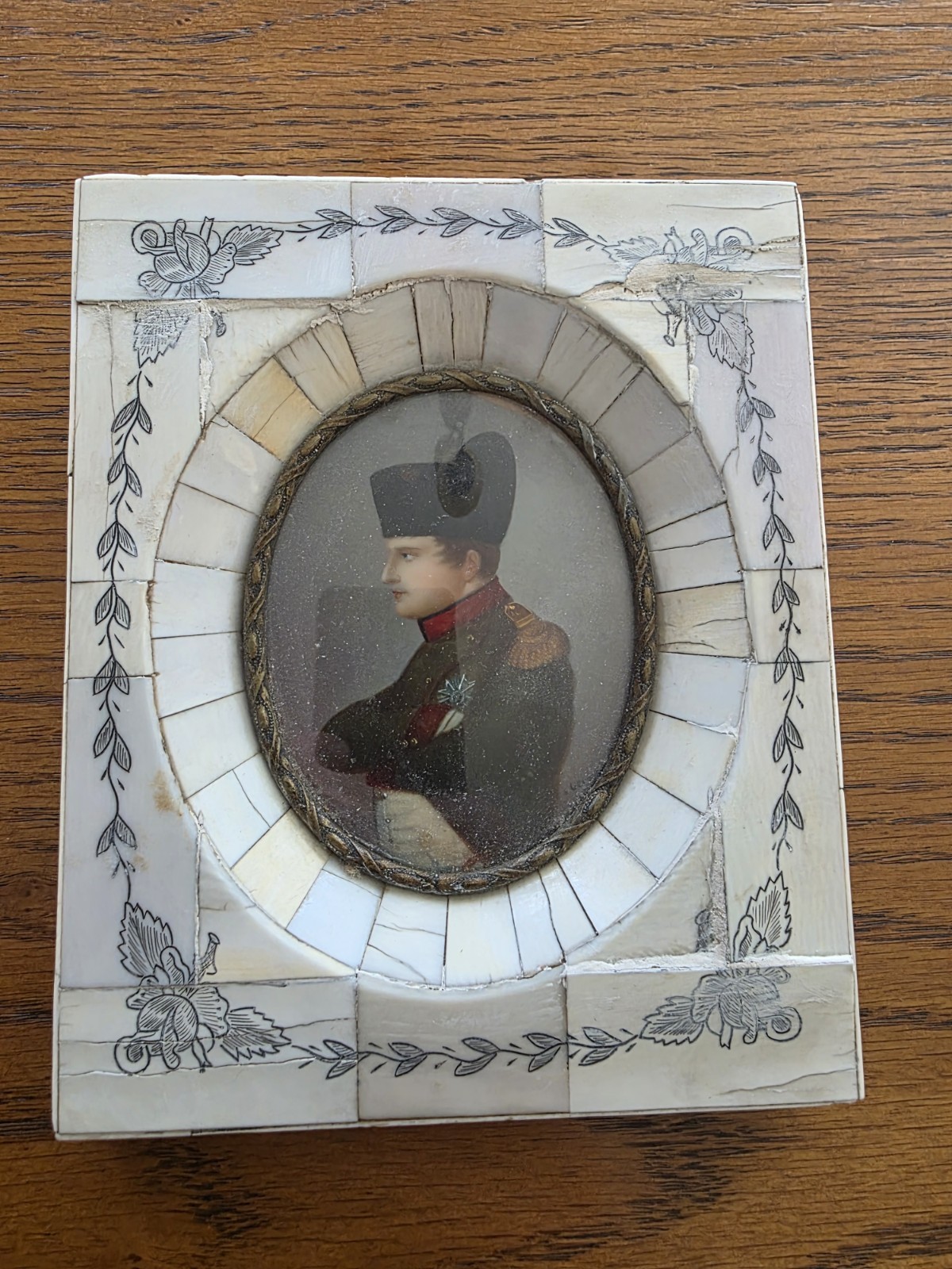 Antique French Miniature Napoleon Portrait in Piano Key Frame