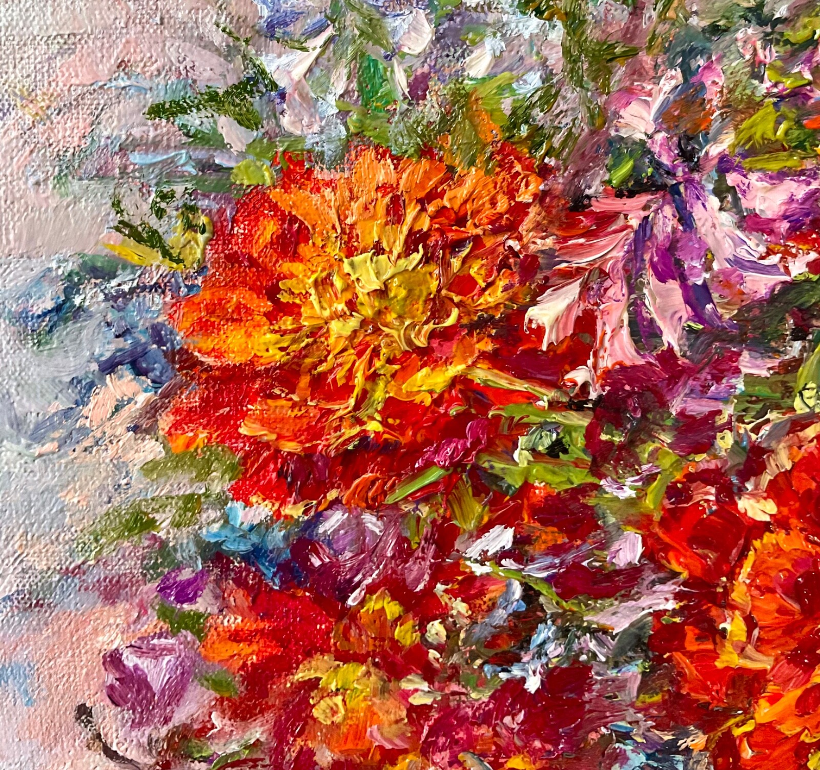 Original Oil Painting Marigolds Wildflowers Impasto Wall Art 10×7.8 in Signed