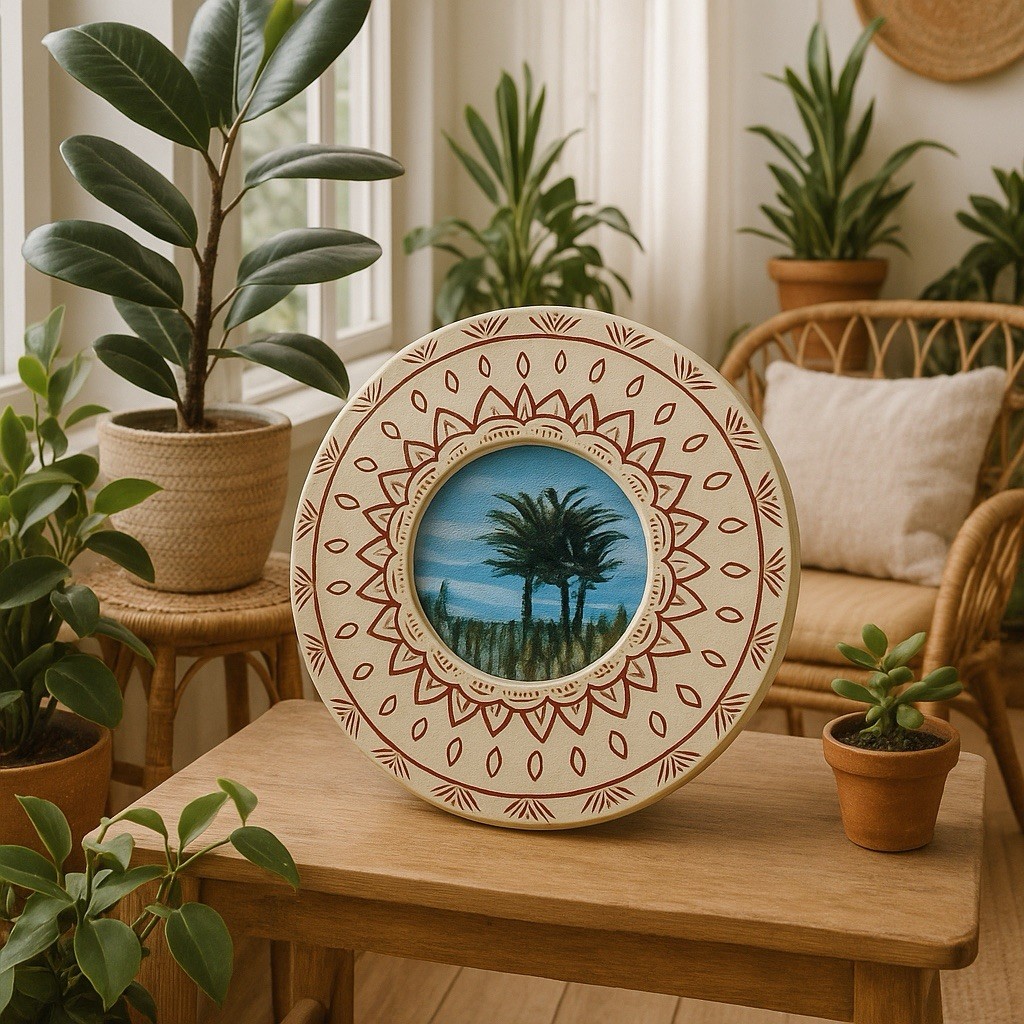 California Cypress Tree Painting Framed Round Coastal Landscape Wall Art