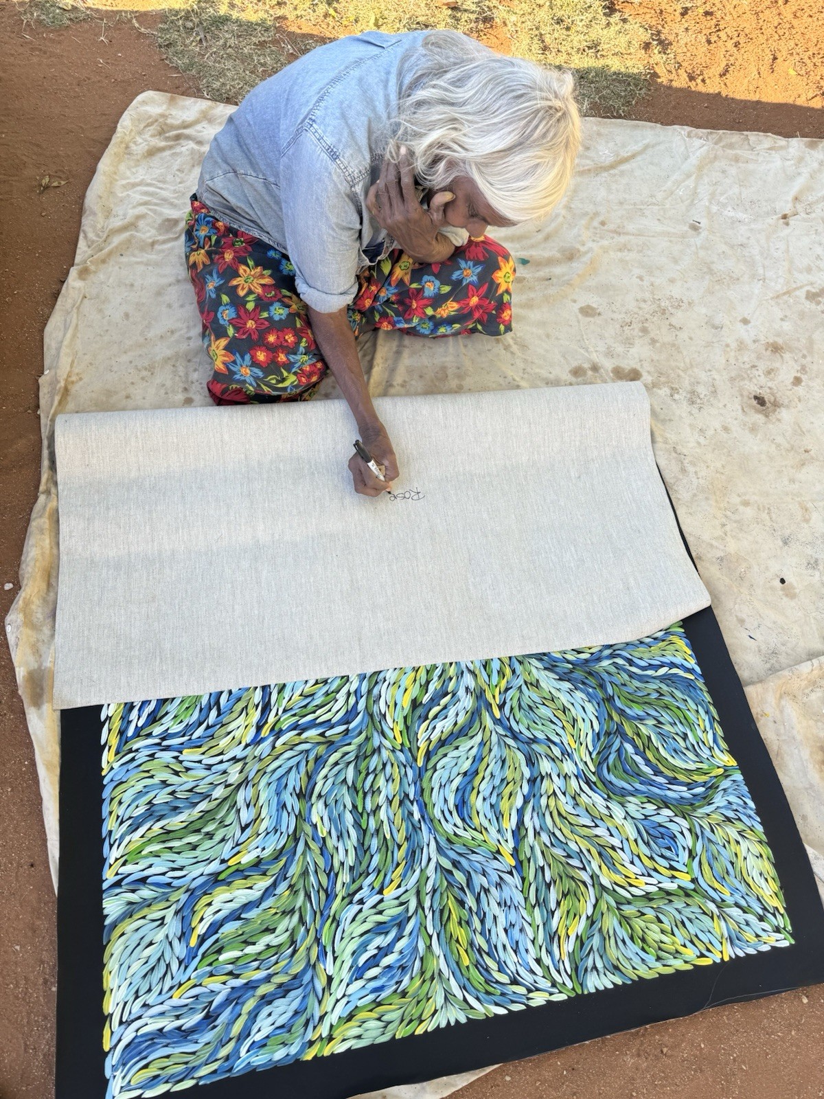Rosemary Petyarre .Authentic Aboriginal Art. Bush yam flower, Size; 150 x 100cm