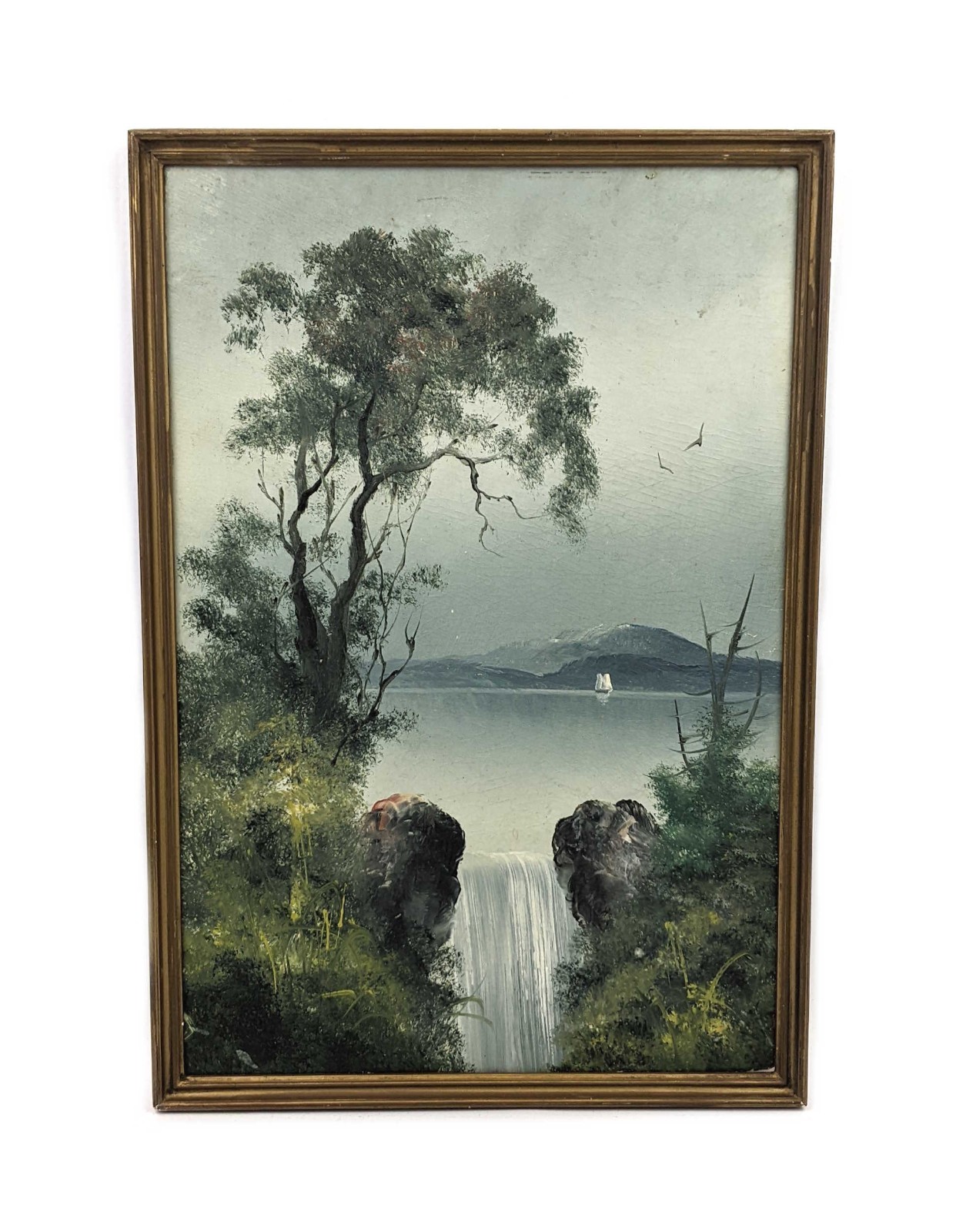 Antique White Mountain Landscape Oil Painting Waterfall Boat Lake Forest Scene
