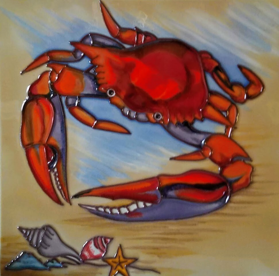 Colorful, Bright Red Crab & Sea Shells 8x 8 Inch Decorative Ceramic Art Tile New