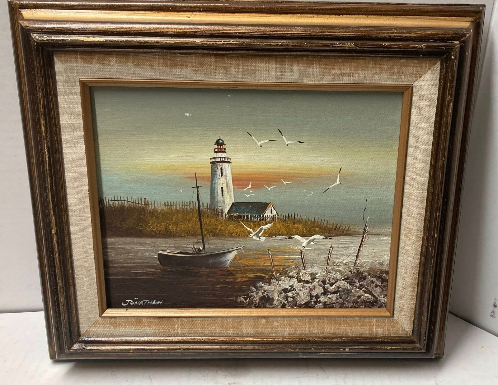 Vintage ORIGINAL OIL ON BOARD SEASCAPE PAINTING JERSEY SHORE LIGHTHOUSE BOAT