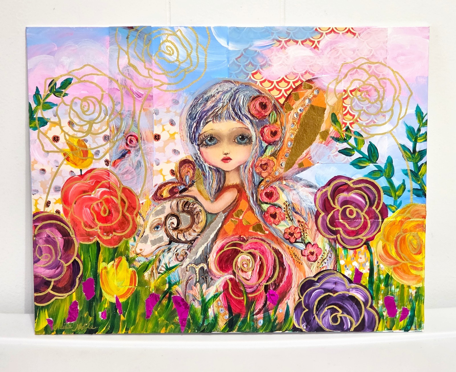 11×14 Collage & Acrylic Painting On Canvas Panel – Fantasy Fairy Garden Colorful