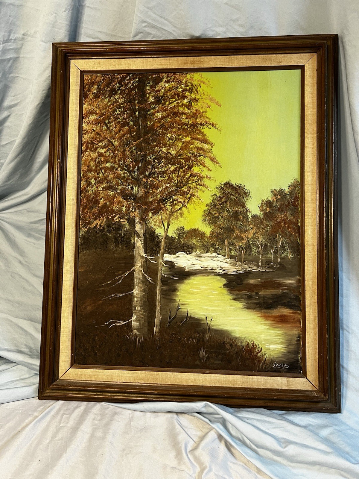 Vintage Parlee Signed Oil Painting Forest River Landscape Framed Mid Century Art
