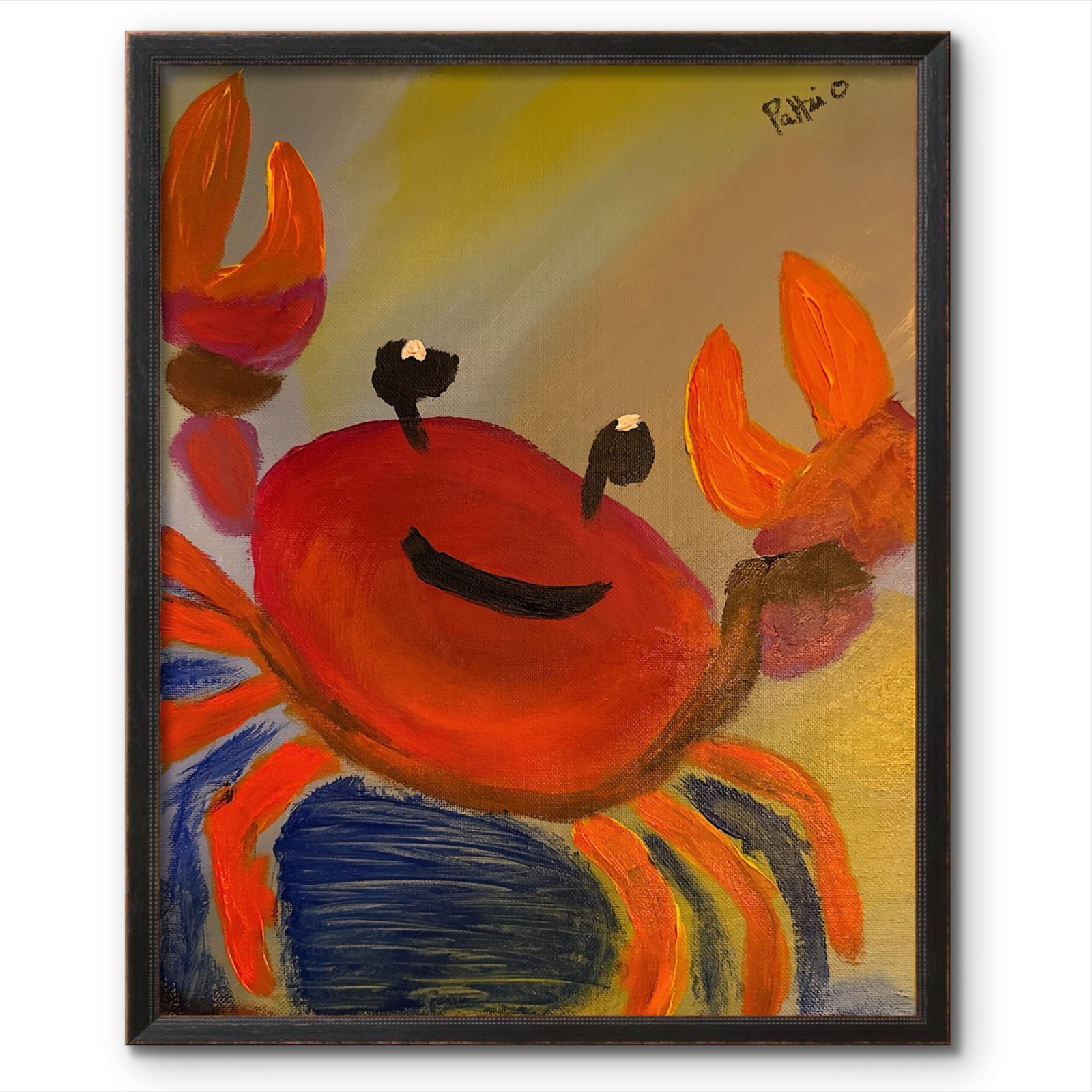 Happy Claws Crab Whimsical Folk Art 14×11 Contemporary Canvas Signed Home Decor