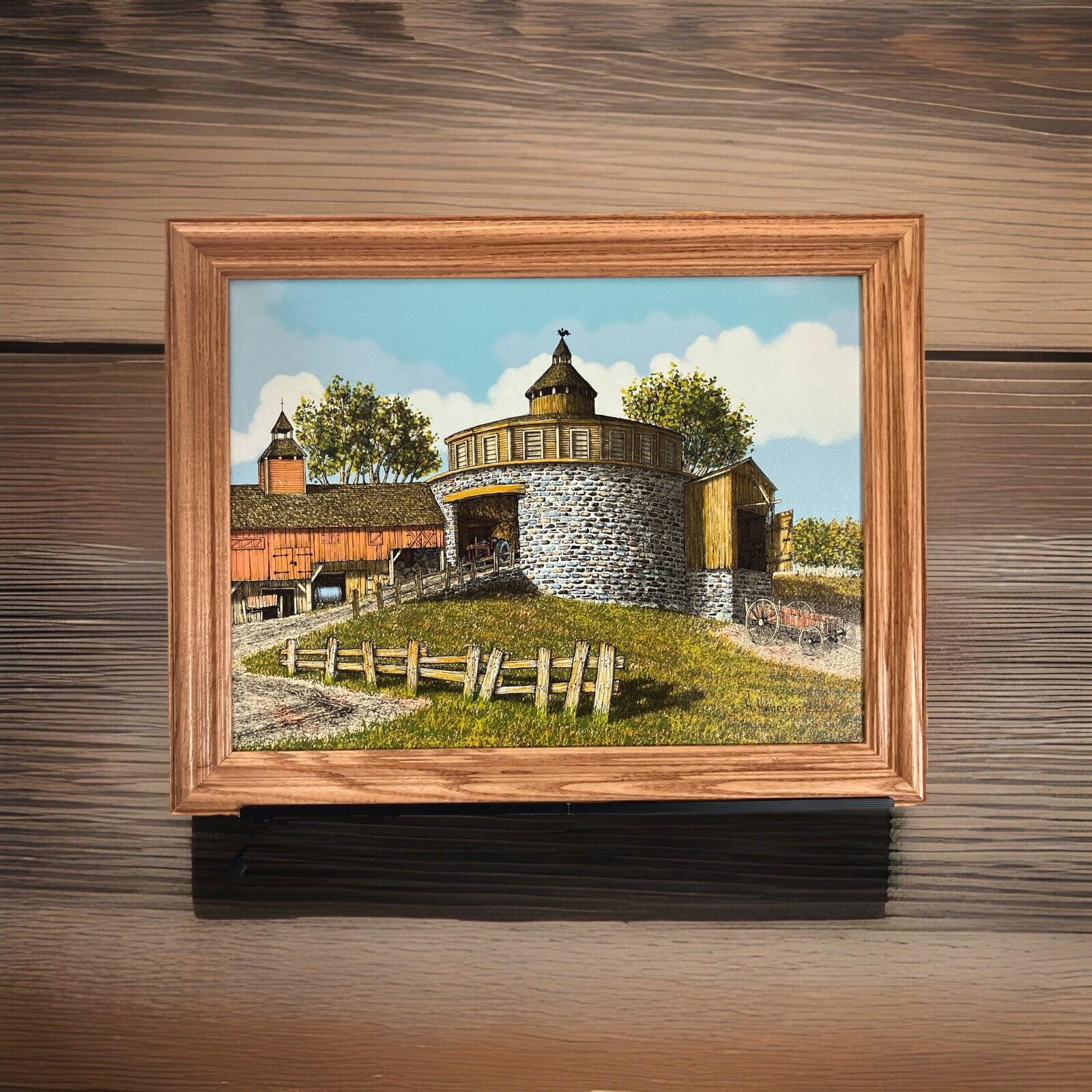 H Hargrove Round Stone Barn Tractor 12×16 Framed Weathervane Wooden Wagon Summer
