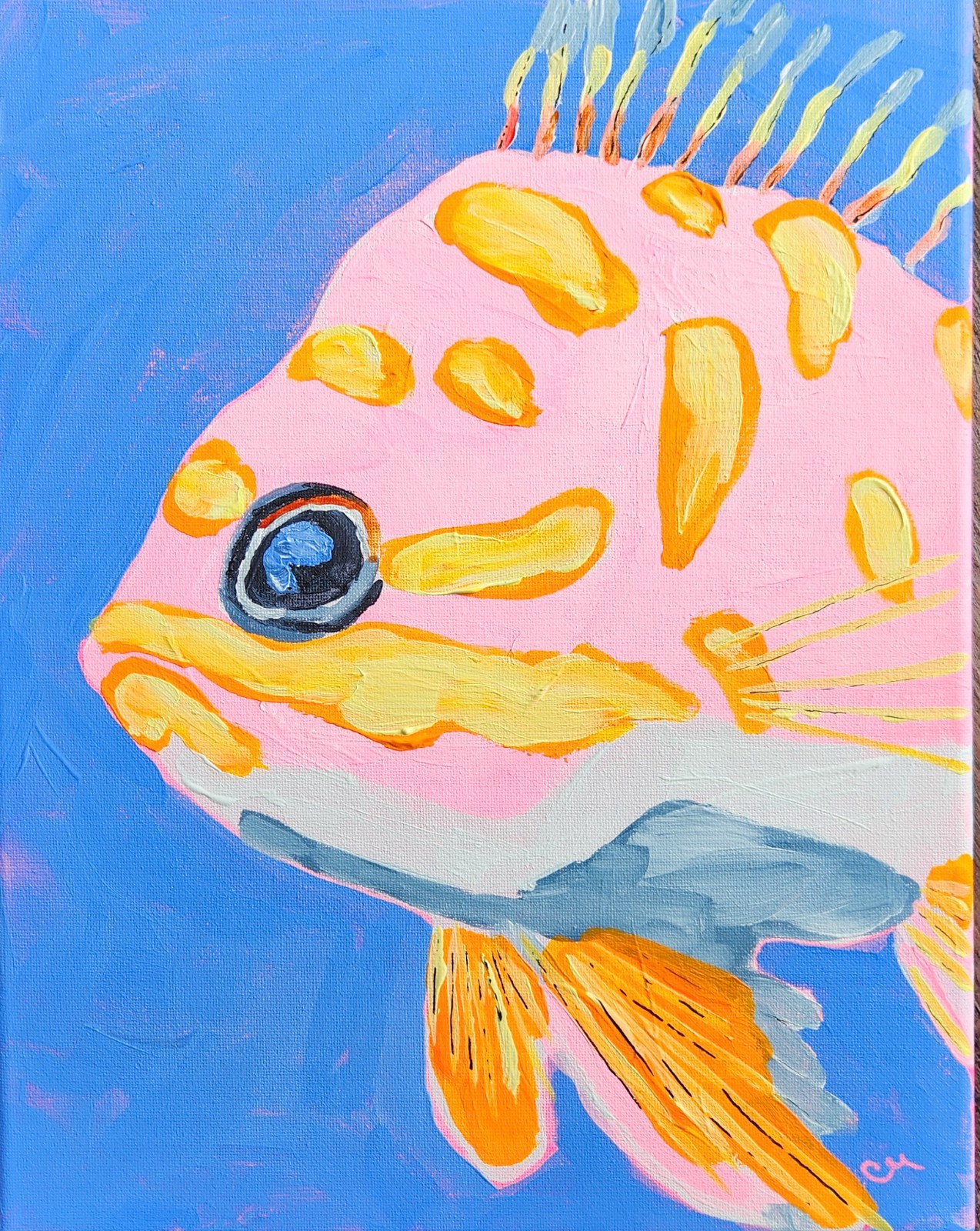 Colorful Abstract Expressionism Fish Painting 14×11 Signed Canvas