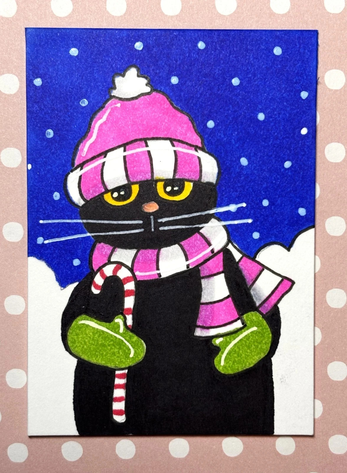 Original OOAK ACEO ART Black Cat Kitten Winter Walk N Woolmer ❤️