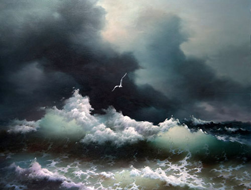 Oil painting seascape ocean waves sea birds before storm canvas 24×36″
