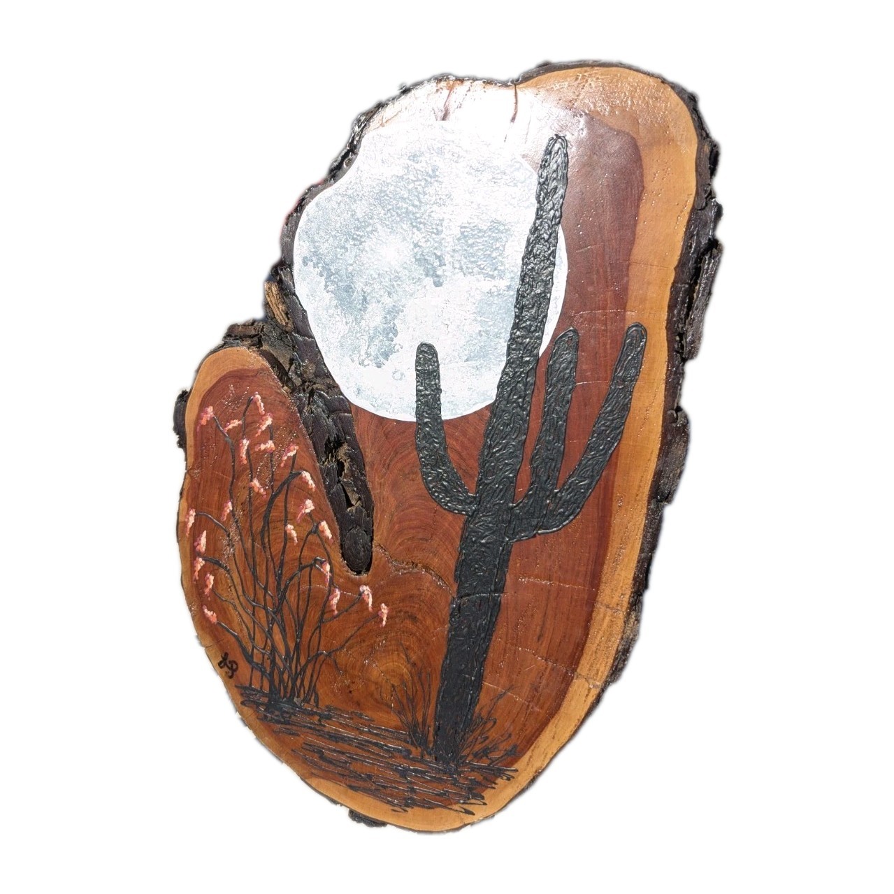 Original Southwest Desert Art Hand Painted on Live Edge Wood Slice Saguaro Moon