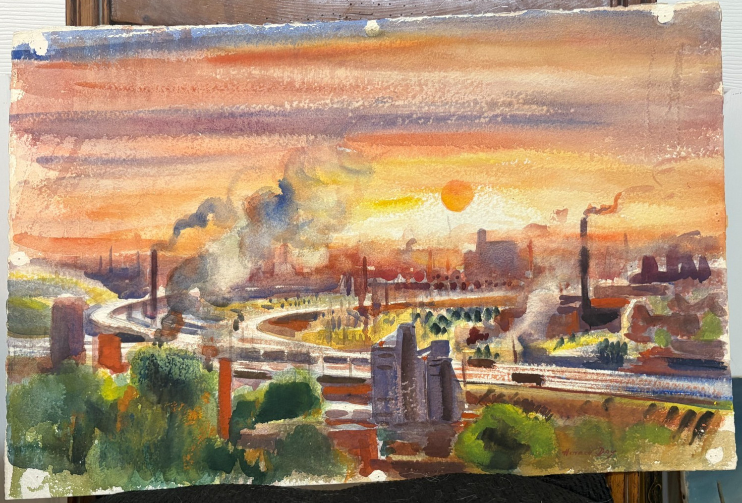 Horace Day Watercolor Titled «Sunset, Kansas City, MO- 1947