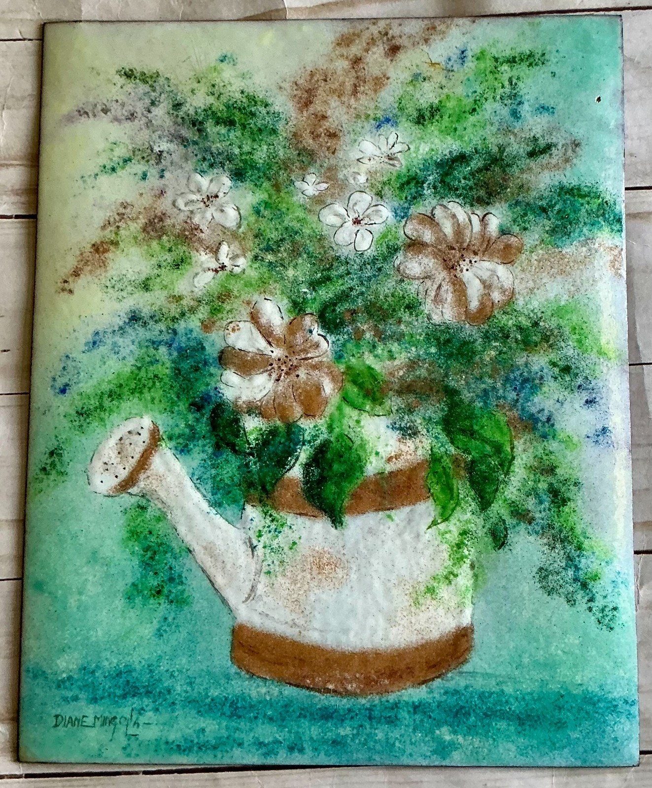 Diane Mingolla Signed Enamel on Copper Painting Floral Watering Can Vintage 8×10