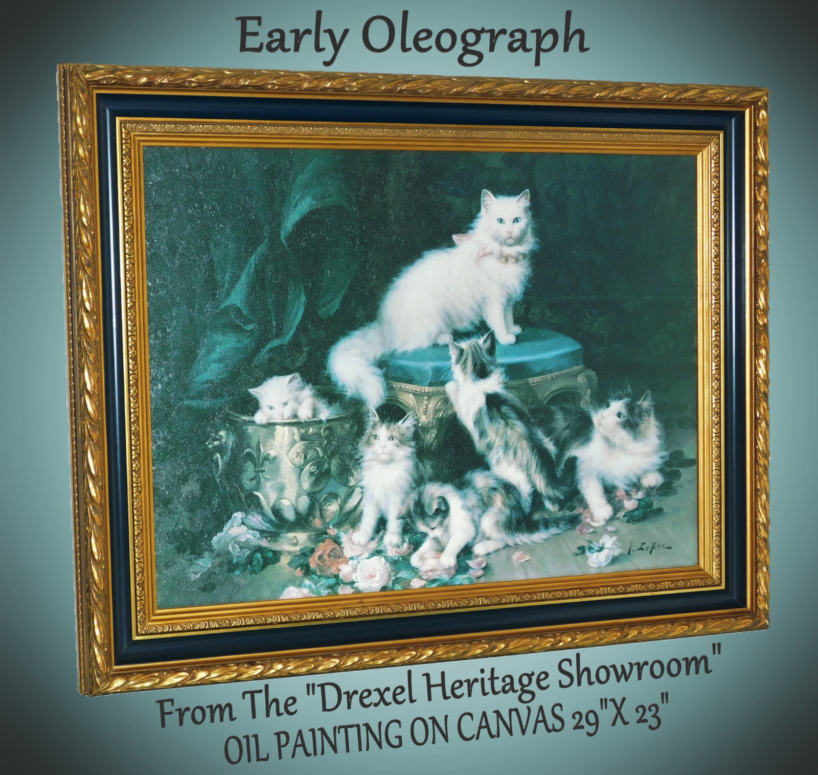 Jules Gustave Leroy 1856-1921 Painting on Canvas Playful Kittens Gilt Frame