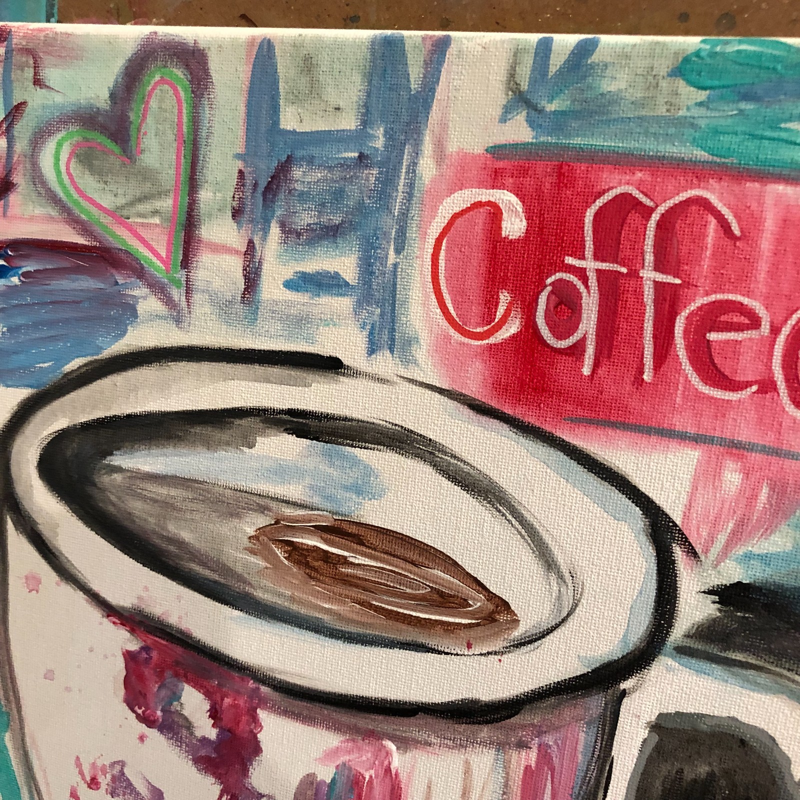 WS original coffee time neo expressionism painting 14X11 canvas colorful acrylic