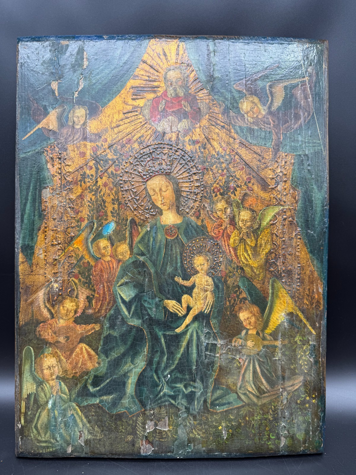 17th C French Passport Painting Madonna Child Angels on Antique Wood Panel