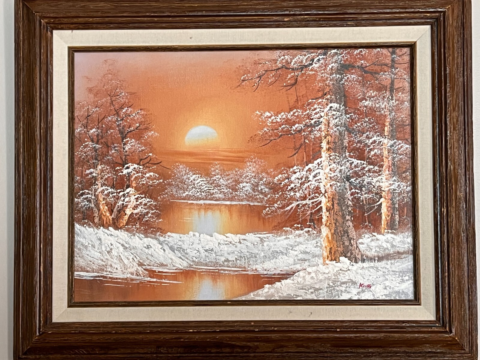 Vintage Original Oil Painting on Canvas Snowy Forest Lake & Sun, Signed