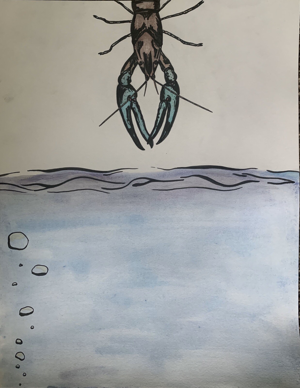Deep Waters, 2020, 11” X 14” Contemporary Art Painting Drawing Original Crayfish