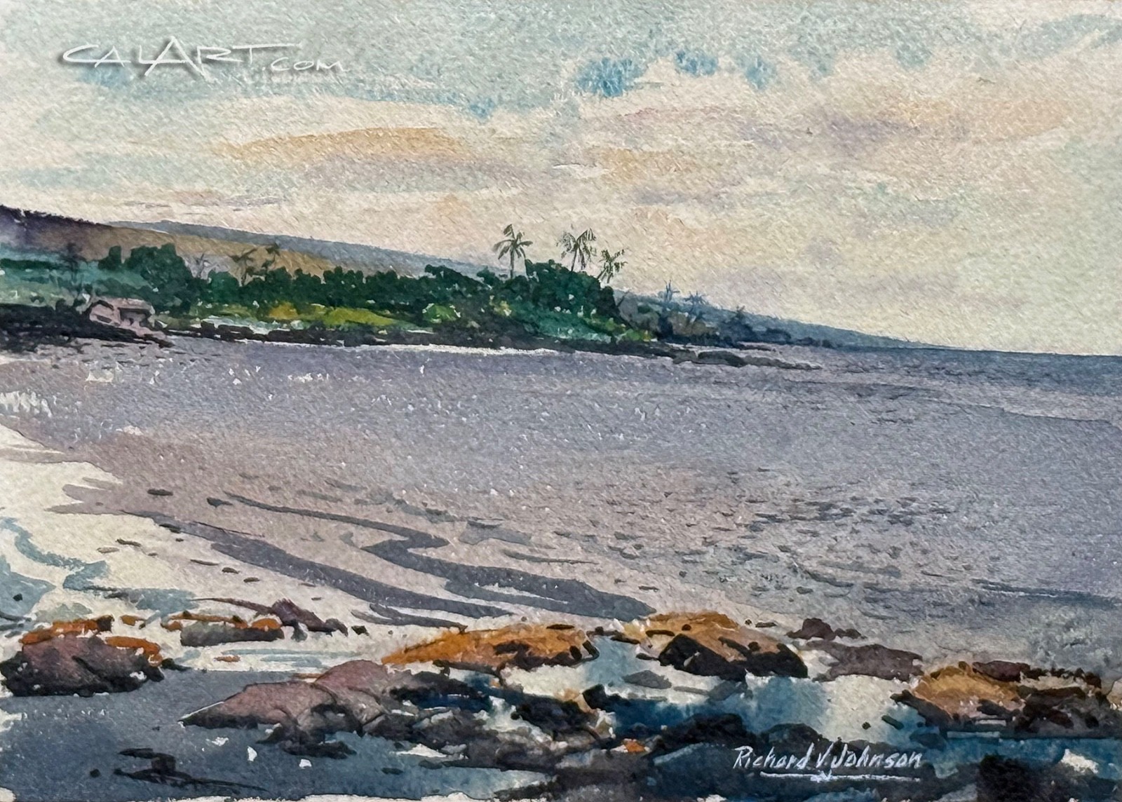 1962 Captain Cook Monument Hawaii Watercolor by Regionalist Richard V. Johnson