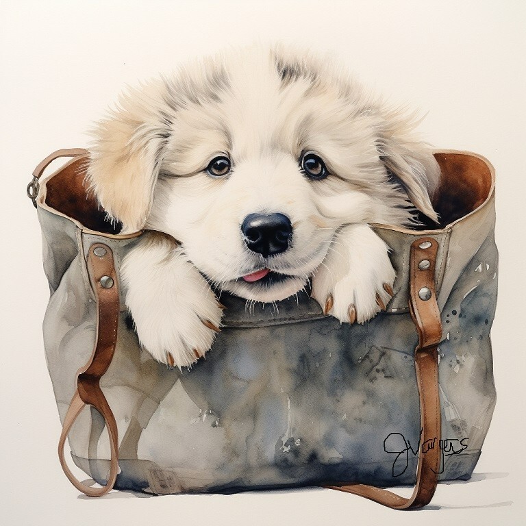 Watercolor Beautiful Great Pyrenees in a purse Painting Art Print