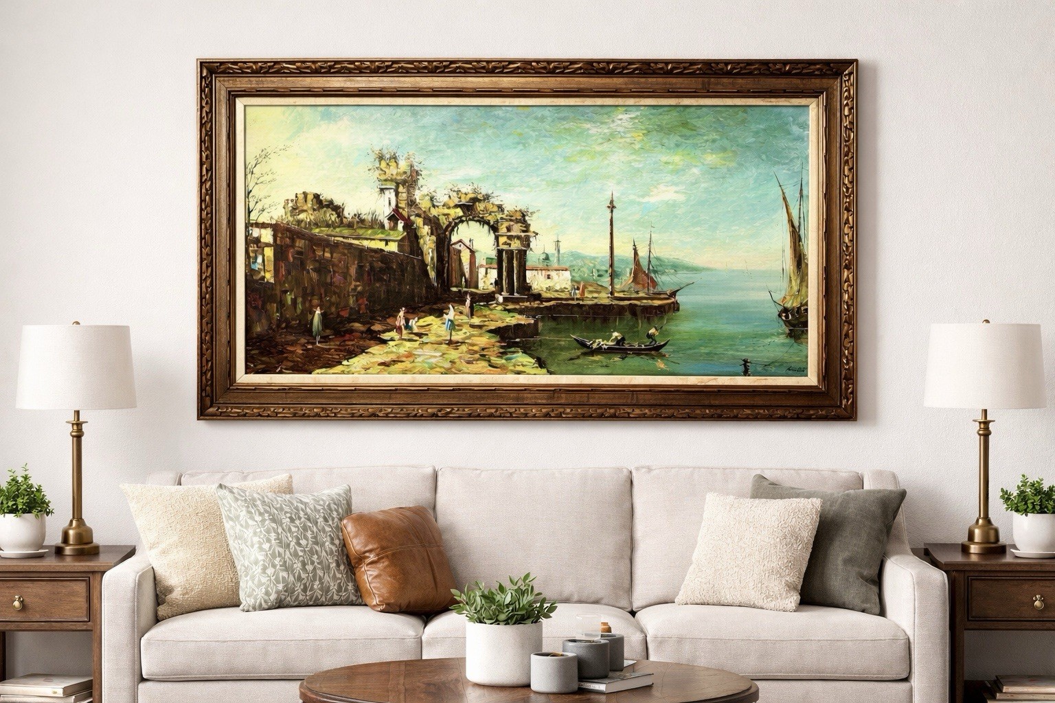 Mediterranean Ruins Large Original Oil Painting Coastal Scene Signed Nino Levi