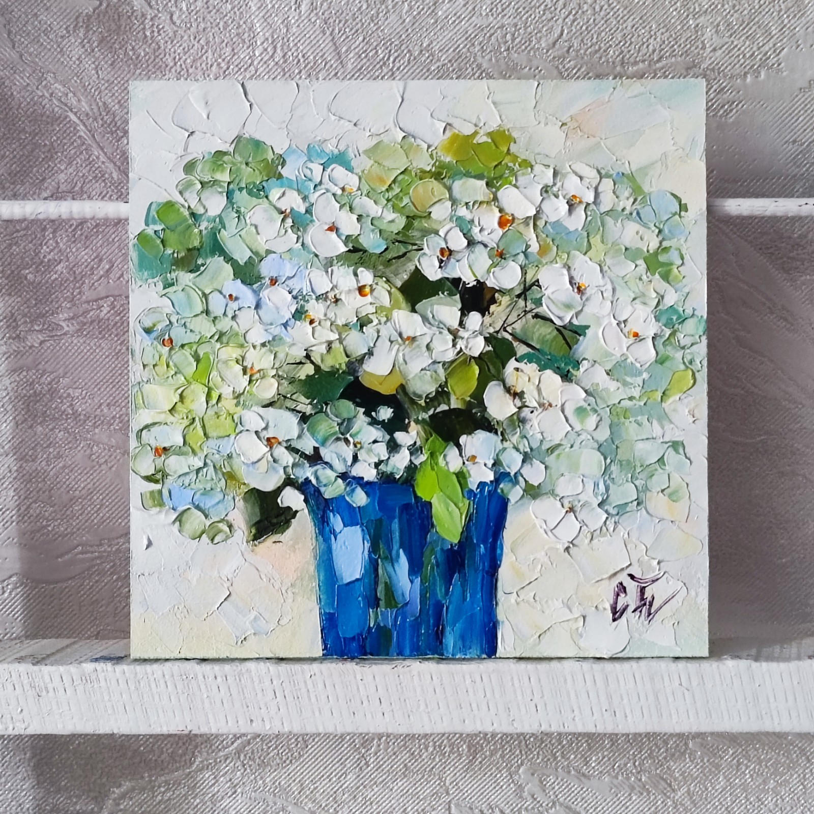 original oil painting Hydrangea white flowers artwork Floral wall art 6*6 in