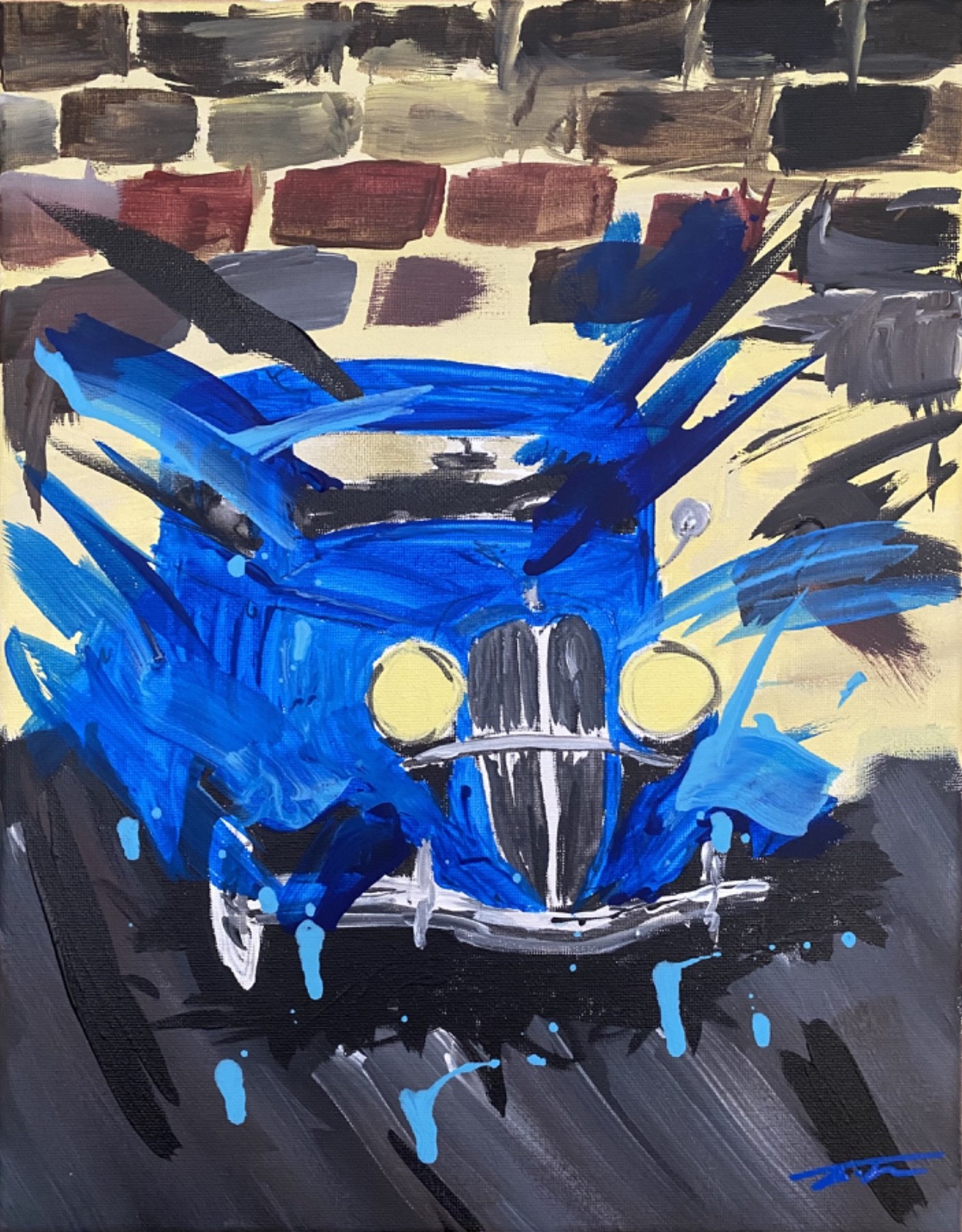 Blue Abstract Hot Rod Expressionist Original Art 14×11 Canvas