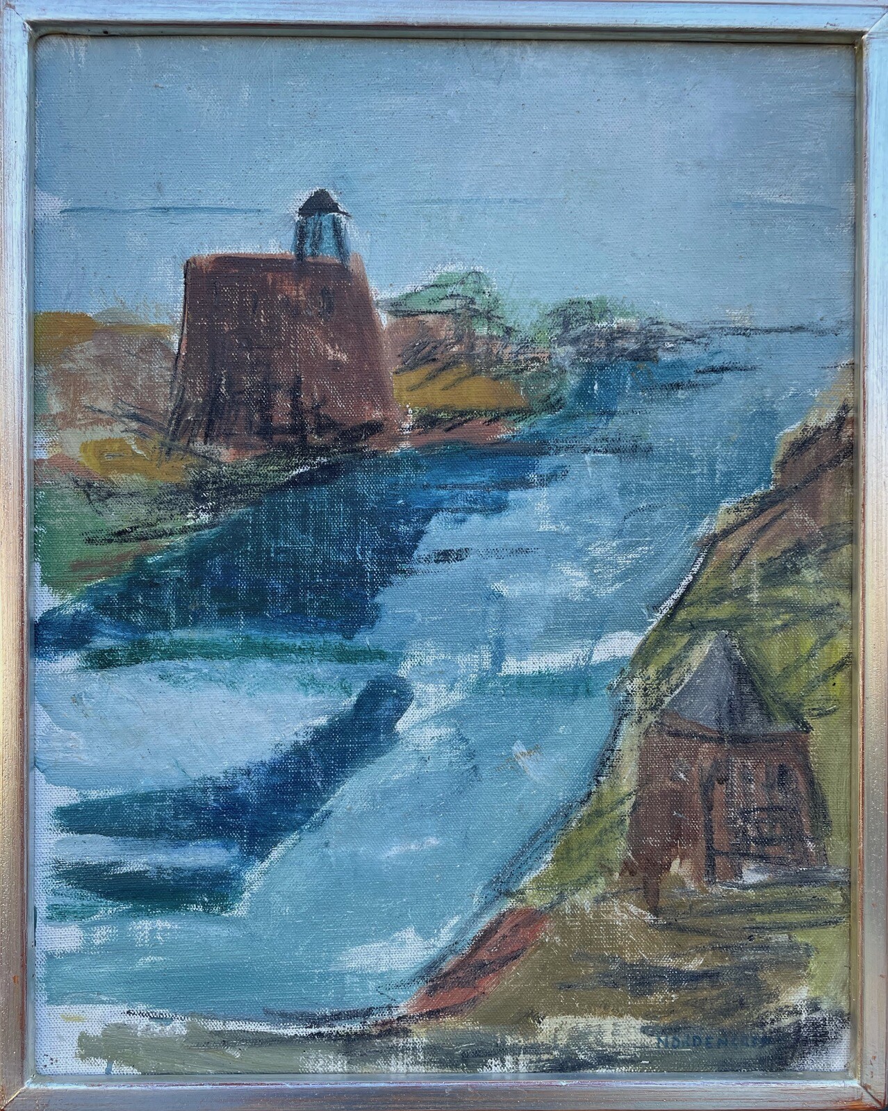 Expressionist Rolf Nordengren *1921 Coastal Landscape with Houses Fjord Sweden