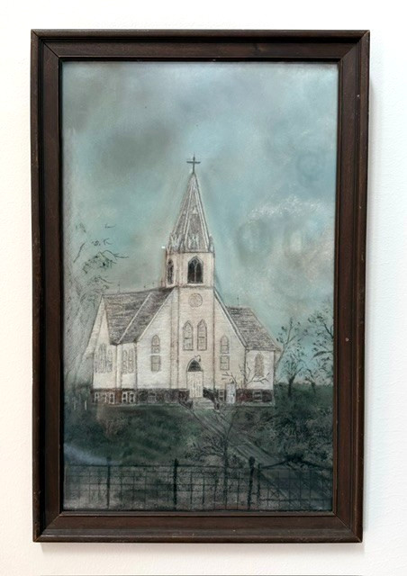 VINTAGE ORIGINAL PENCIL/CHALK FRAMED PAINTING WHITE STEEPLE CHURCH SCENE ARTWORK