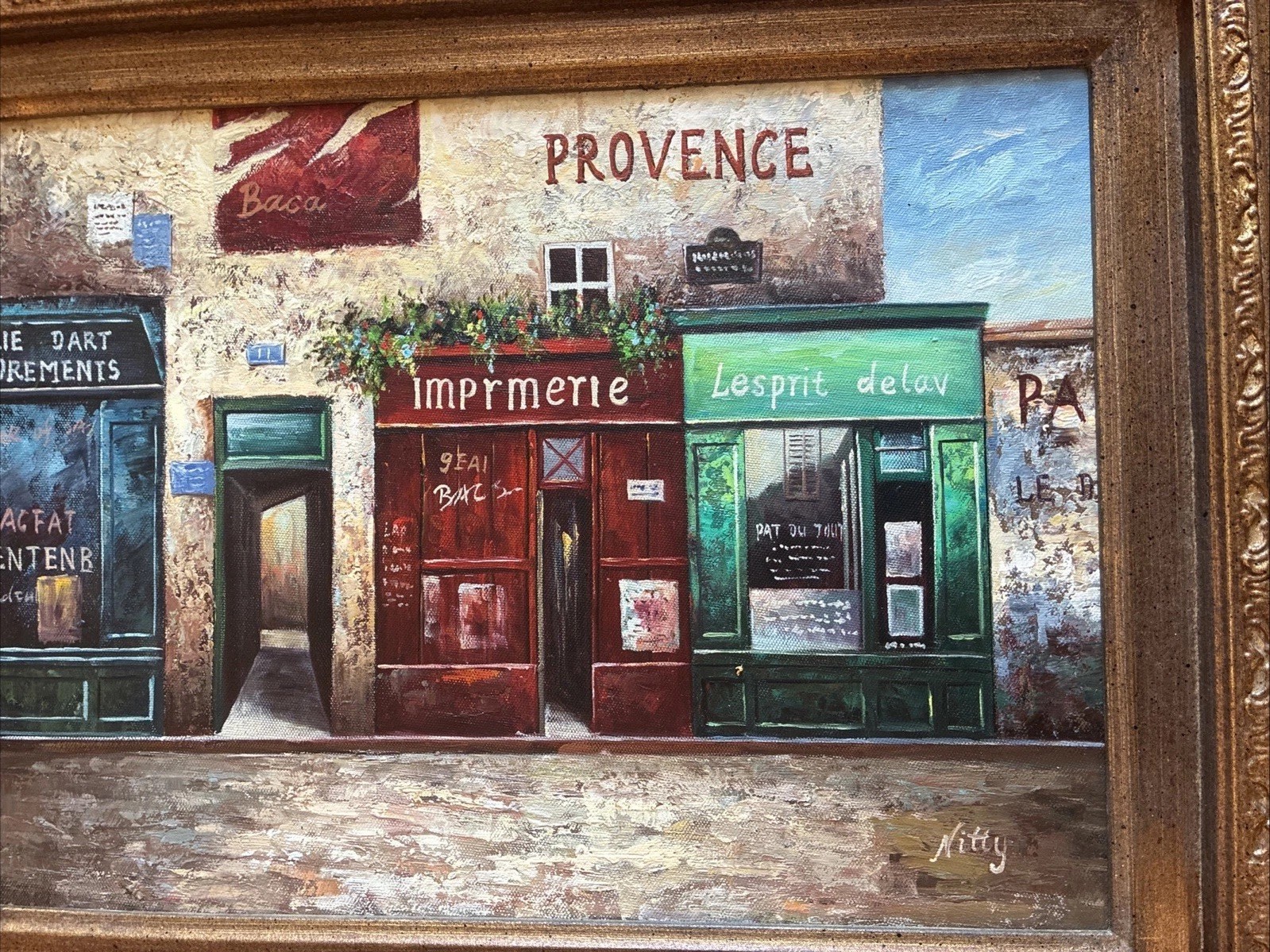 VTG Colorful French Village Business Fronts, 2 Acrylic Paintings Original Signed