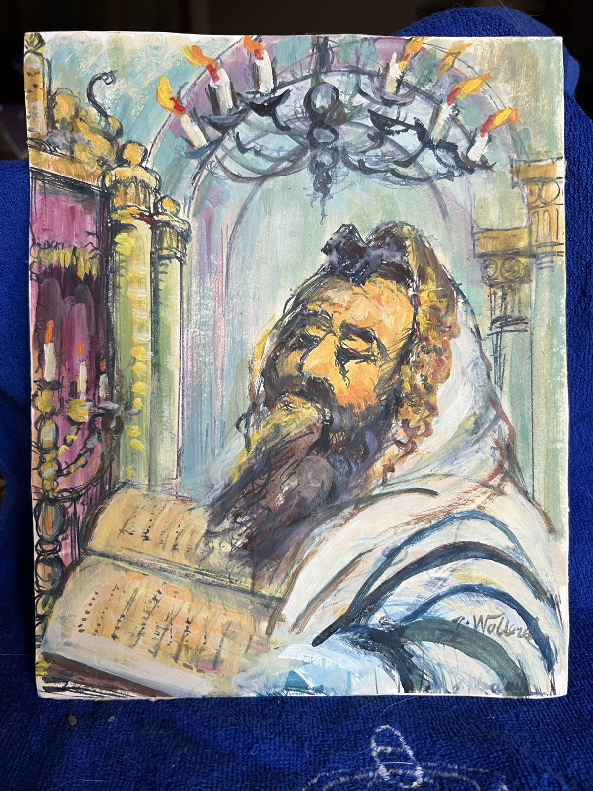 ORIGINAL GOUACHE PAINTING BY JACOB WOLBERG OF A RABBI CHANTING TORAH AT THE ARK