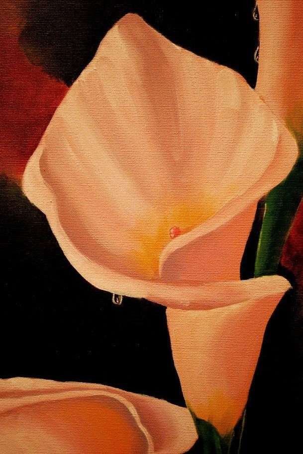 Vintage PINK CALLA LILIES FLOWERS Original Art ACRYLIC PAINTING Signed 24″ x 18″