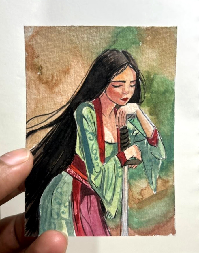 Original Watercolor ACEO OOAK Painting Asian Warrior Girl Sword Fantasy Art