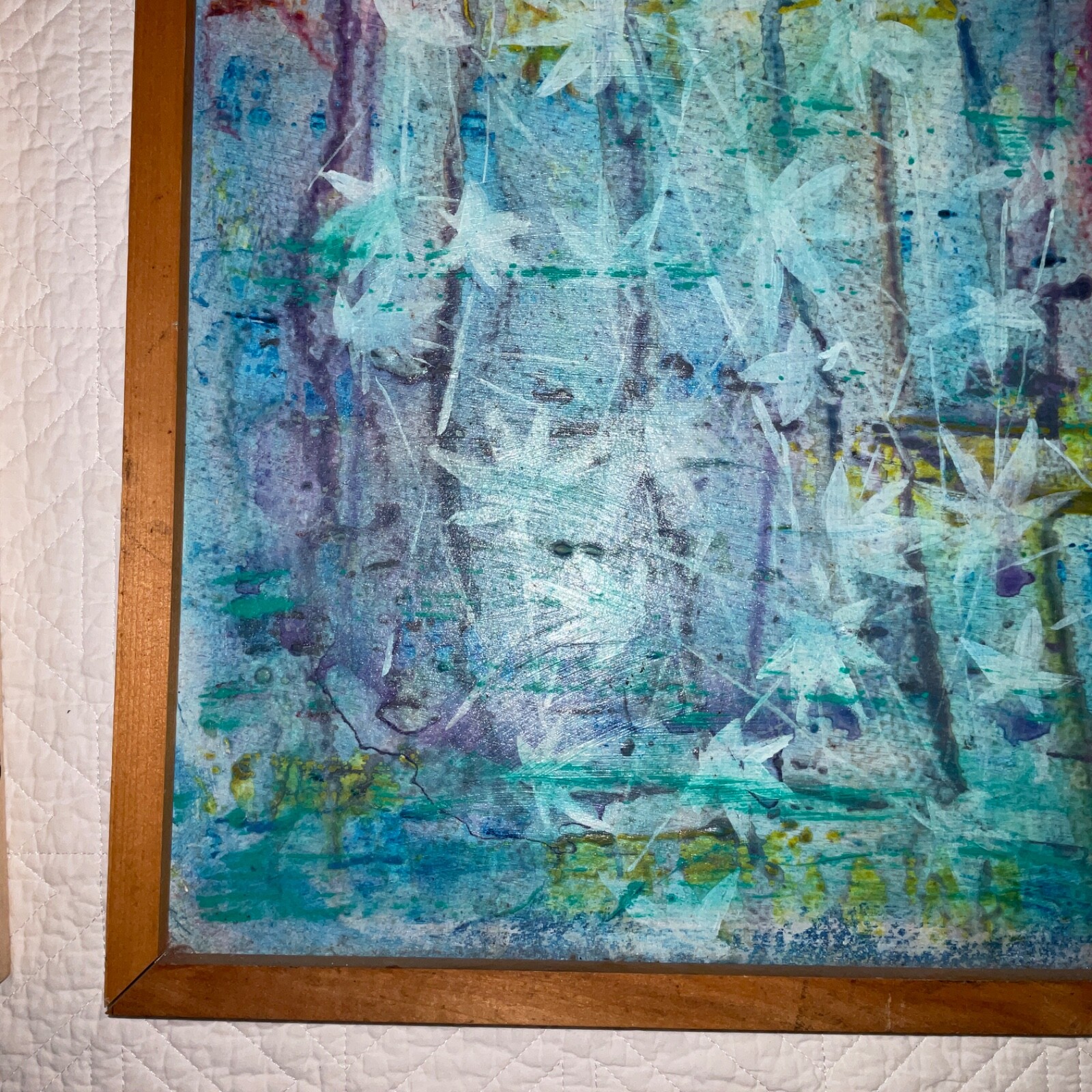 Abstract original hand painted PAINTING collage signed aqua blues falling leaves
