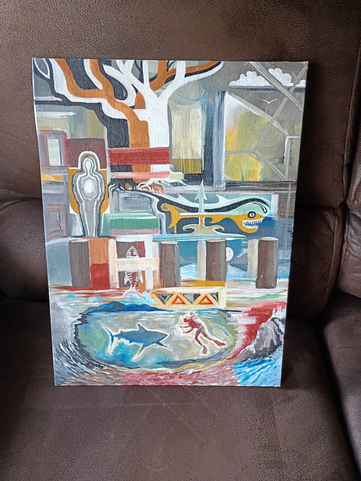 Original Vintage Modern Geometric 80s 90s Acrylic 12×16″ Characters Fish Trees+