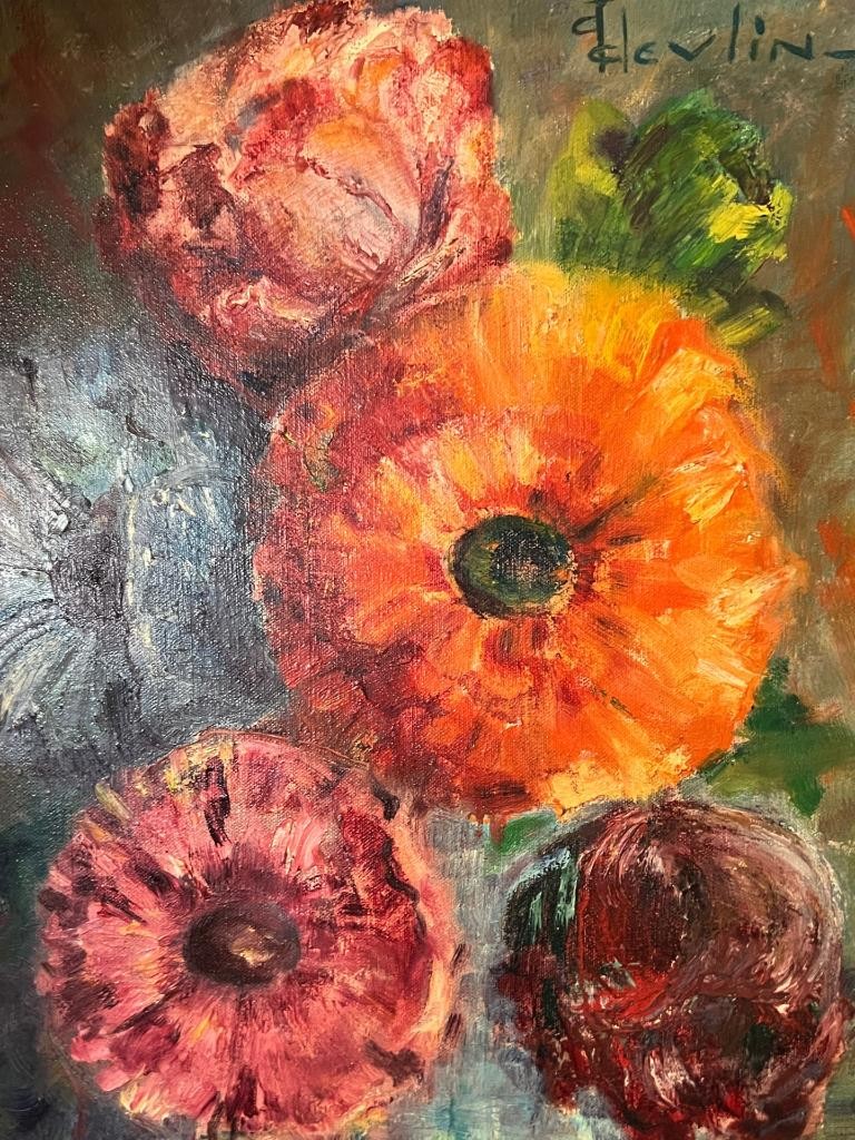 Vintage American Art Floral Flowers Artist Signed Still Life Oil Painting Devlin