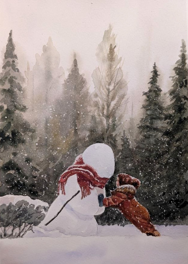 Snowman Child Watercolor Painting Winter Landscape with Backlight Christmas Gift