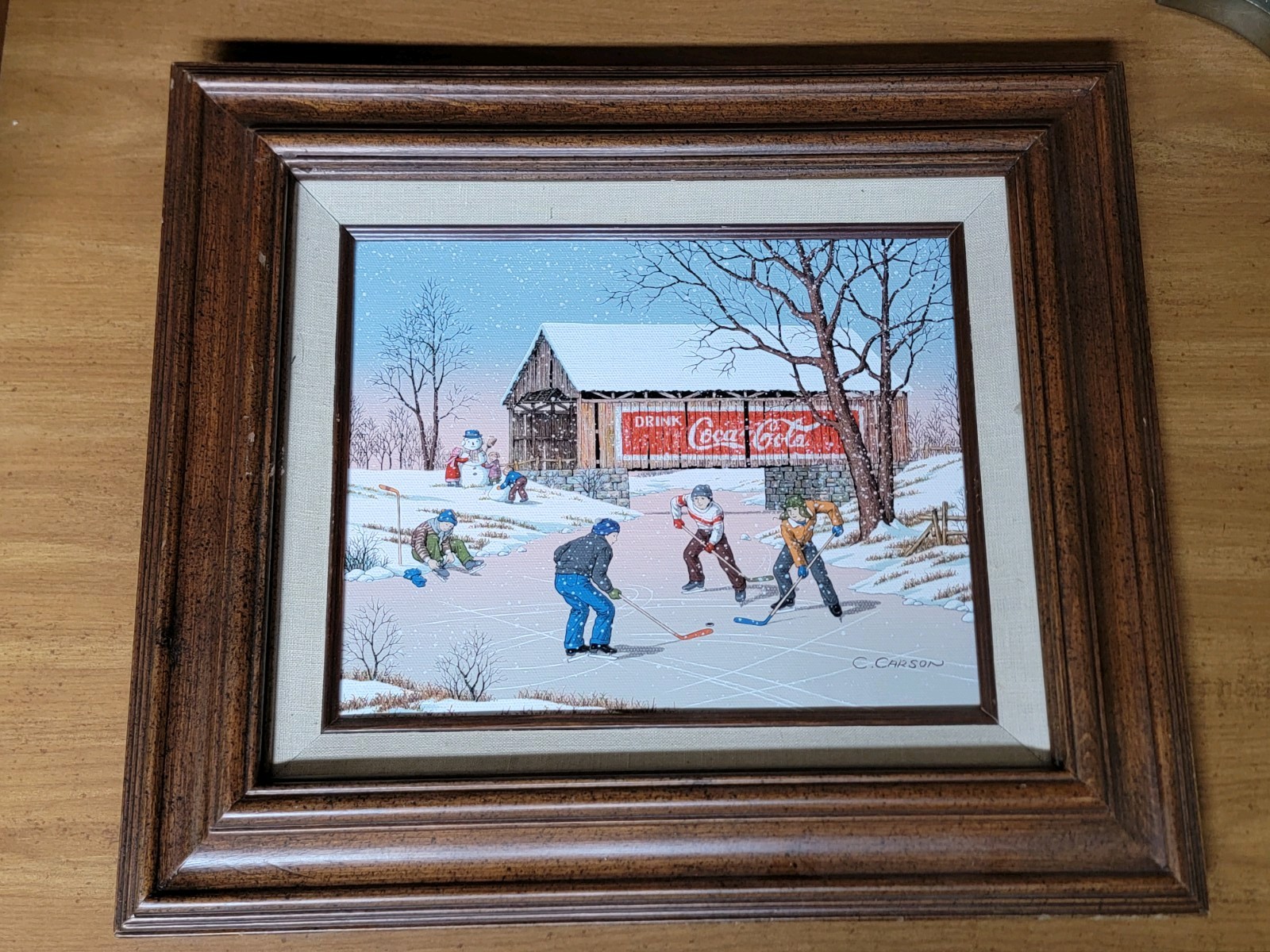 Coca-Cola Snow Scene by C. Carson Winter Hockey Painting Framed Barn Signed