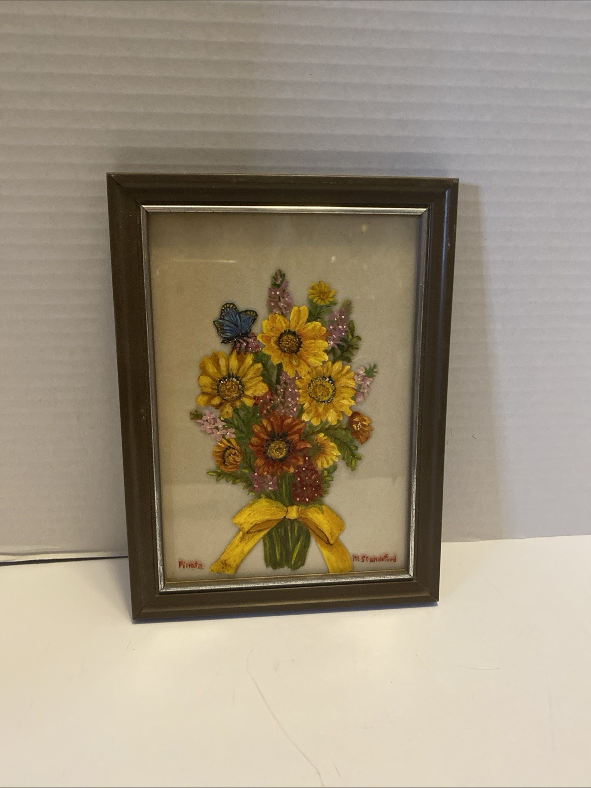 Vintage Framed Reverse Hand Painted Flowers on Glass Art with Butterfly