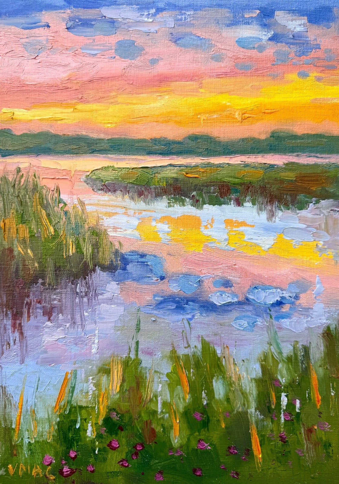 Abstract Sunset Oil Painting Original Landscape Signed VICTORIA MAC 11×8″