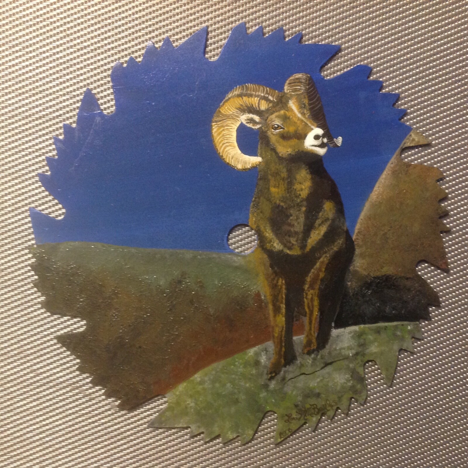 Original Art Painting Rare Mountain Goat Ram 🐑 Saw Blade Signed Lori Ball~Aries