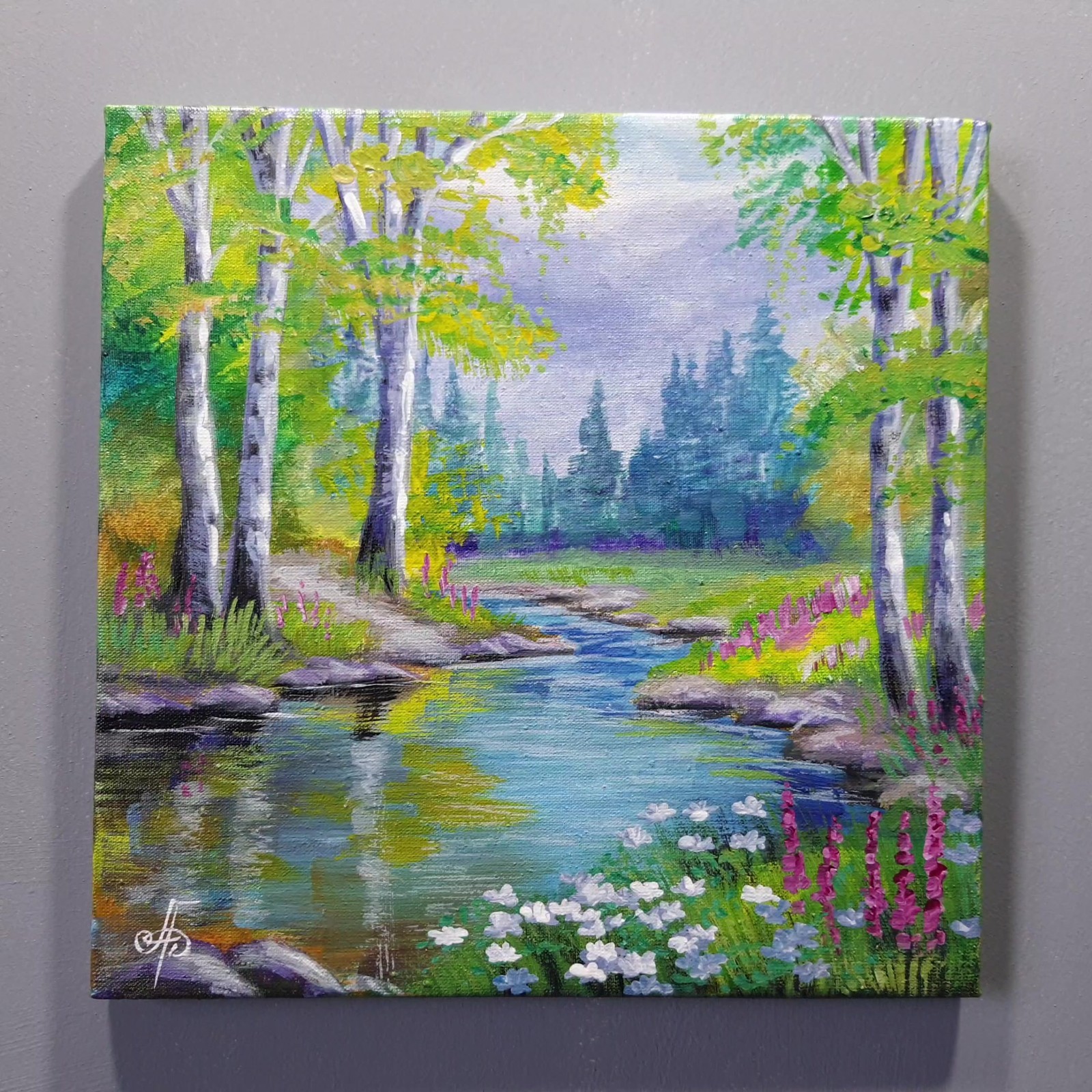Summer Peace Landscape Acrylic Painting River Forest Nature Canvas Artwork 8×8