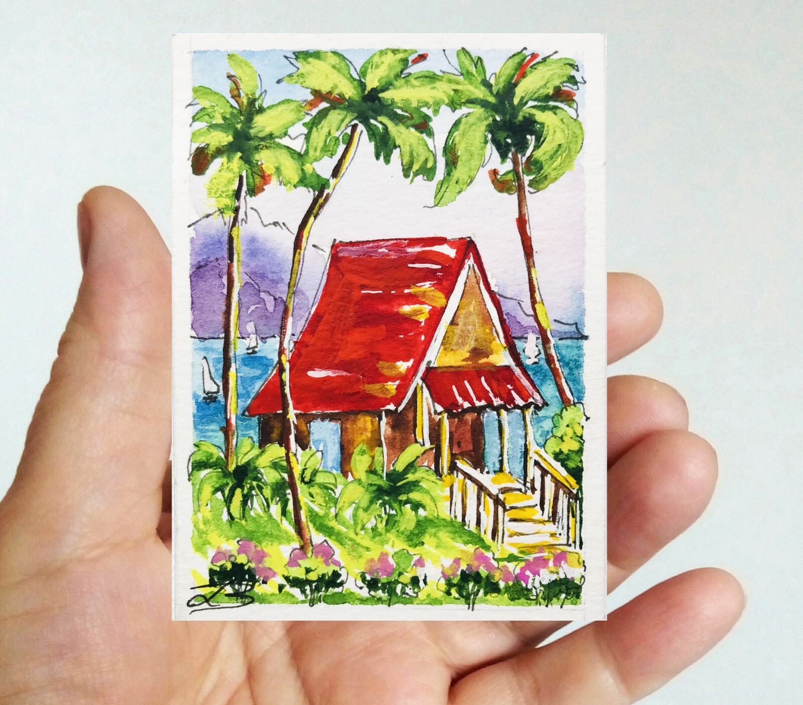 ACEO Original Art Palm trees painting Hawaii Watercolor Seascape Beach House
