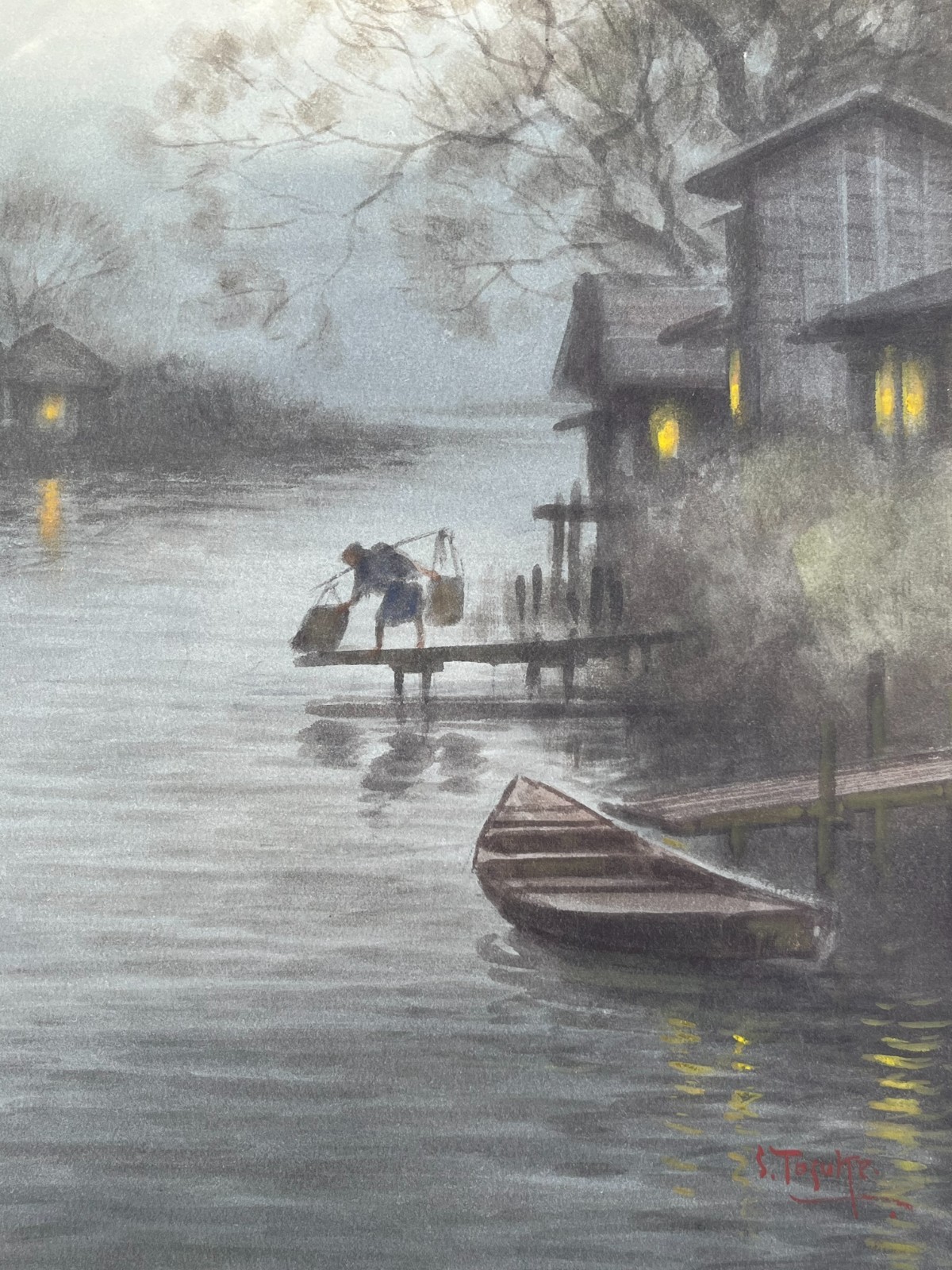 S. Tosuke » Moonlit Landscape» Original Watercolor Painting on Cardboard. 1930s
