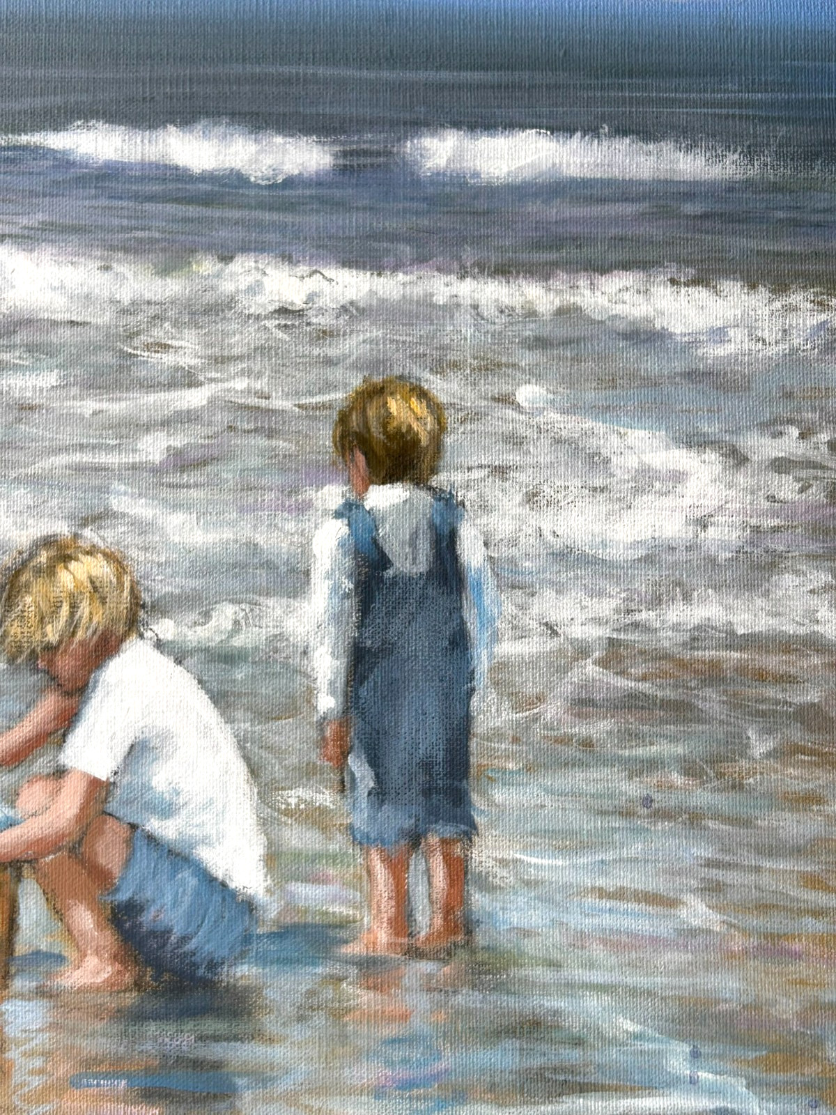 Original Oil Painting, Signed 20»x16″ Children on The Beach, Ocean Landscape
