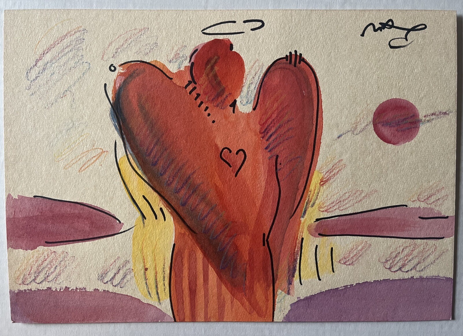 Original Mixed Media Painting By Peter Max – “Angel with Heart” 13” x 9”