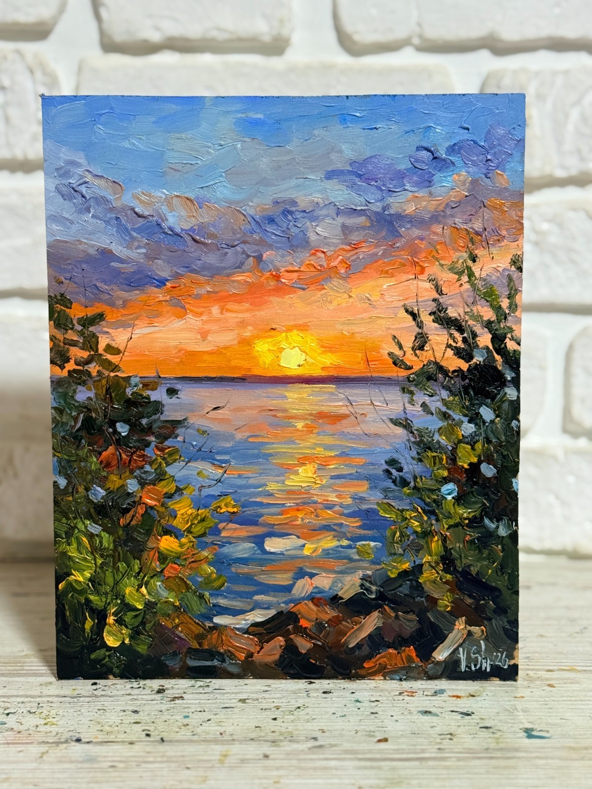 SUNSET RIVER AUTUMN LANDSCAPE ORIGINAL Impressionism Art Oil painting Signed