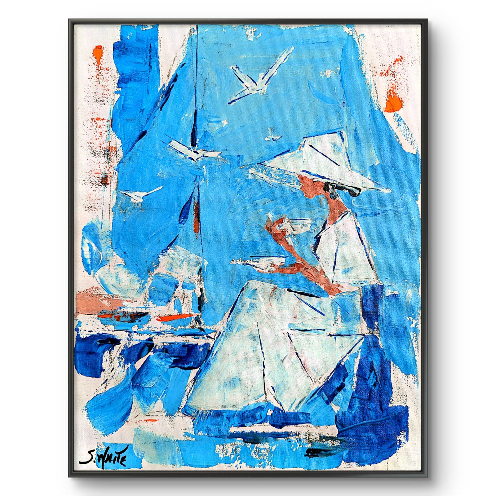 Coastal Beach Woman Acrylic Painting Impressionist Blue 11×14 Canvas SWhite