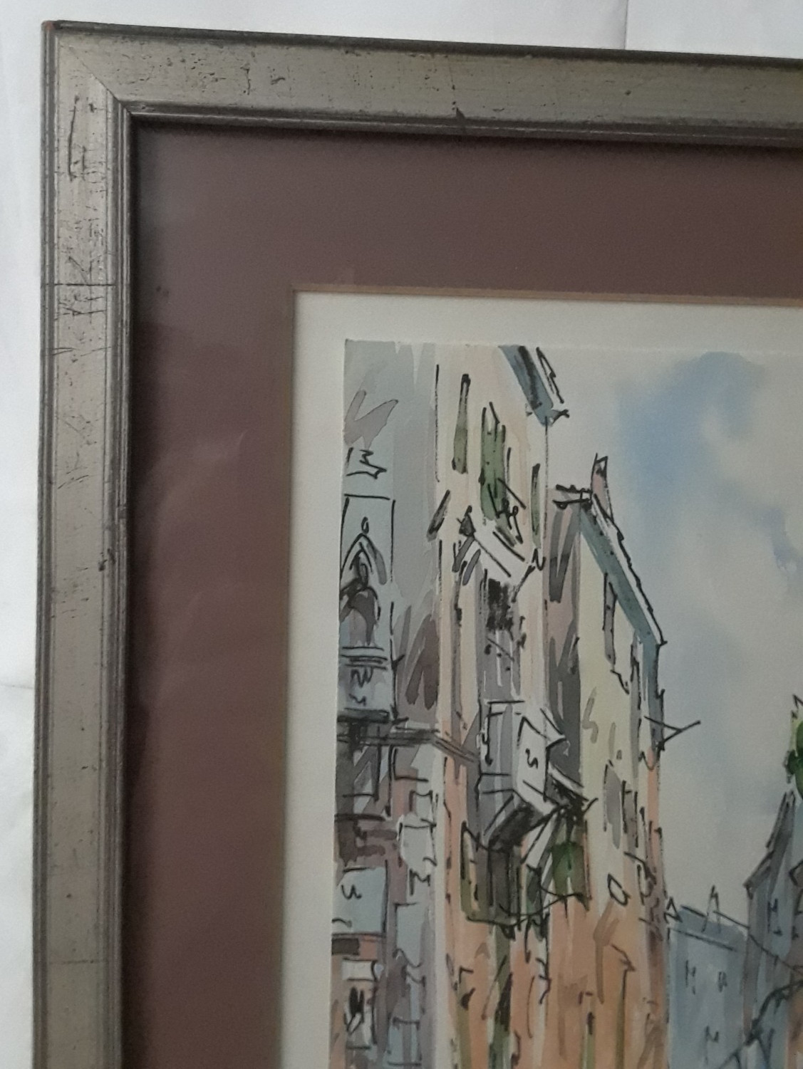 Watercolor & Ink on Paper, Venice Canal Signed Silver Framed with Brown Matting